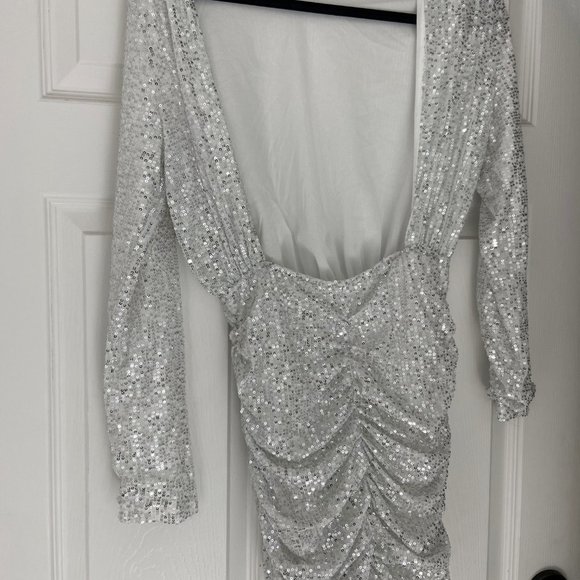 Asos exclusive sequin high neck drape detail mini dress in silver - Picture 6 of 8
